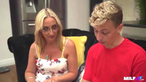 Blonde MILF in floral dress chats up young blonde stud