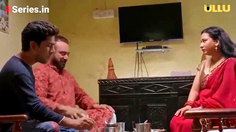 Busty Indian chachi in red saree with two men, Telugu Ep 1 thumbnail