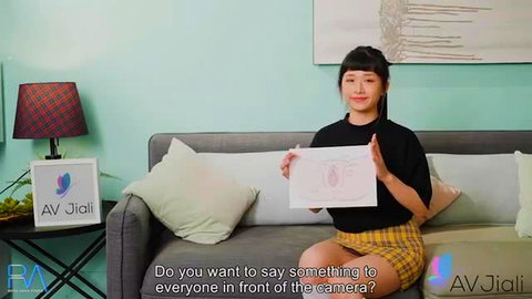 Han Yan Japanese teen interviewed holding paper in skirt, AV Jiali