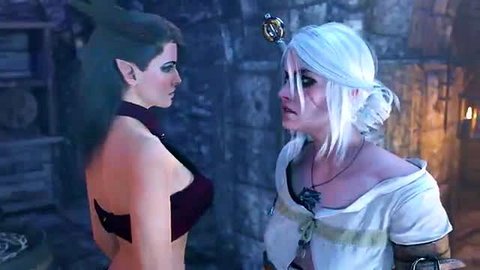 Yennefer and sexy elf girl cleavage tease in Witcher porn parody
