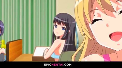 Busty blonde and black-haired hentai chicks in cute cosplay uniforms