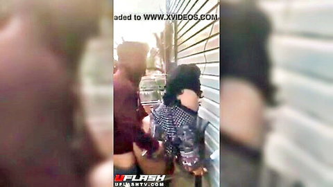 Curvy ebony BBW bent over balcony fucked doggy style by black guy outdoors