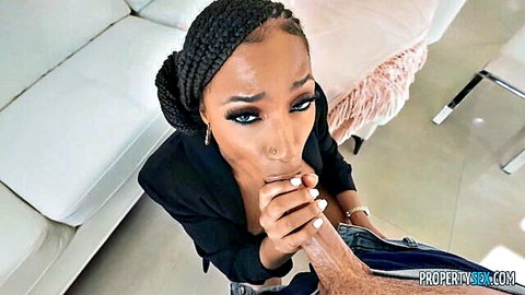 Ebony babe with braids in blazer grips thick POV cock with hand, lips ready to suck
