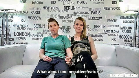 Blonde and redhead women in lesbian casting interview on couch