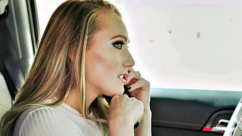 Blonde Candice Dare tense in car with AJ Applegate, white top tease