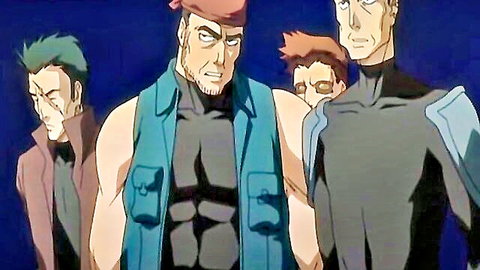 Four muscular hentai studs in tight clothes posing intensely for hardcore anime gangbang.