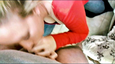 Cute blonde licks small dick in close-up oral scene
