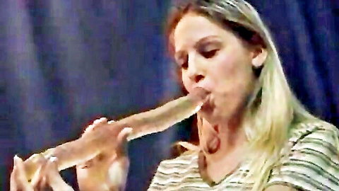Blonde Heather deepthroating massive dildo in solo oral scene