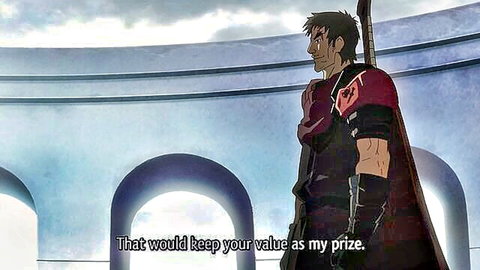 Anime warrior in red armor holding staff, fantasy scene from Kuroinu hentai episode 4