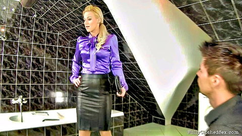 Nathaly Heaven in purple satin blouse and black leather skirt after hardcore sex