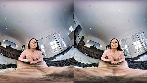 Curvy young brunette spreads shaved pussy wide in VR POV bedroom