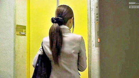 Young Japanese office brunette with ponytail and small ass entering yellow elevator
