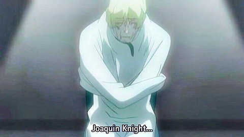 Blonde anime character Joaquin Knight bound tightly in white bandages with distressed teary face