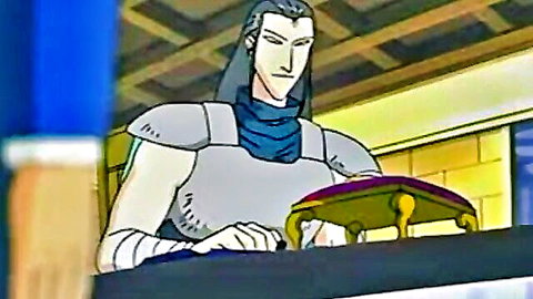 Anime male with long gray hair in armor sitting at desk