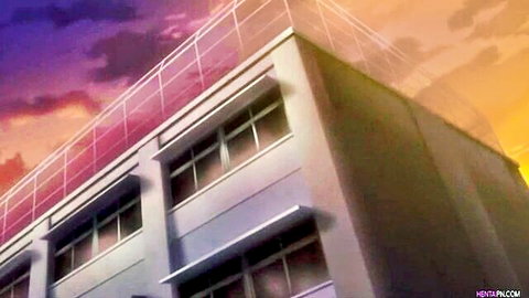 Dramatic anime sunset sky over modern rooftop building in hentai style