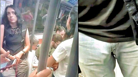 Candid public bulge flash on subway with woman's surprised reaction