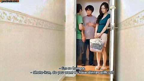 Japanese woman in green top and short shorts holds laundry basket inviting Shota-kun to dinner