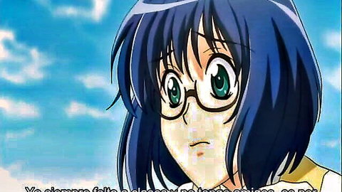 Surprised wide-eyed blue-haired anime teen girl with glasses in hentai scene