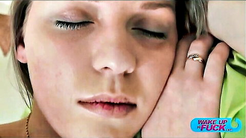Young sleeping blonde with closed eyes and parted lips ready for wake up fuck