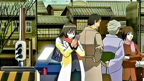 Anime girls and man waiting at snowy crosswalk in coats and scarves