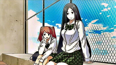 Busty anime schoolgirls in uniforms, one with long black hair, one with red twintails
