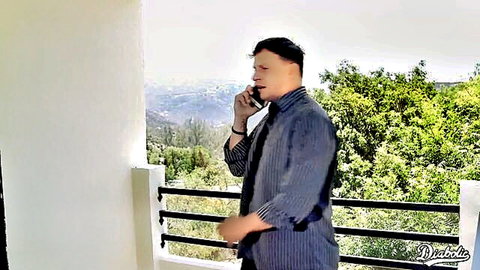 Stepdad on balcony phone call in taboo scene with Maya Bijou