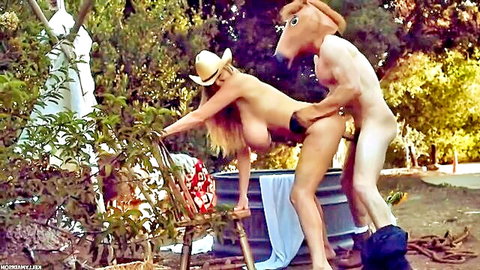 Mature blonde big boobs fucked outdoors doggy by horse-masked man