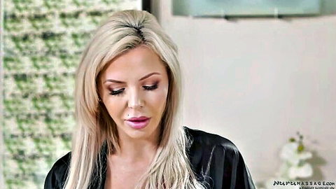 Nina Elle blonde MILF in black robe for steamy massage