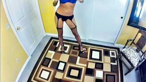 Tanned curvy brunette babe teasing big ass in black thong garter stockings POV