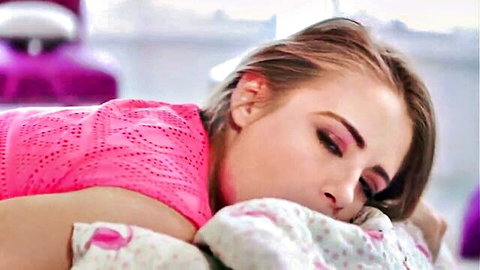 Kyler Quinn petite brunette in pink lace top lying asleep on bed