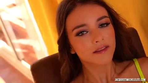 Miss Alice Wild brunette teasing in green top, cleavage Jacquie et Michel Elite