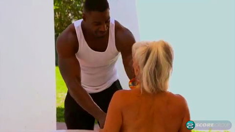 Dirty Sally topless back massage by muscular BBC stud