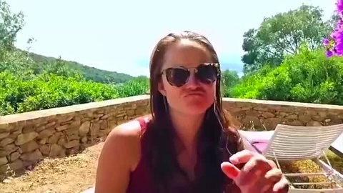 May 34yo brunette in sunglasses teasing outdoors poolside