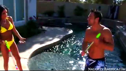Trinity St Clair yellow bikini pool tease with Johnny Castle water guns