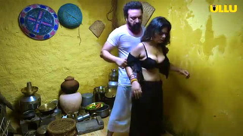Bearded Desi man gropes busty village girl in black bra from behind