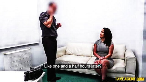 Adara Love in tight gray dress on Fake Agent casting couch