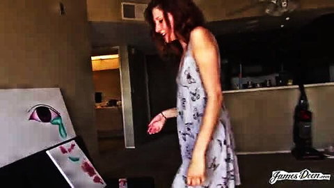 Ashlyn Molloy redhead in sexy slip dress James Deen scene