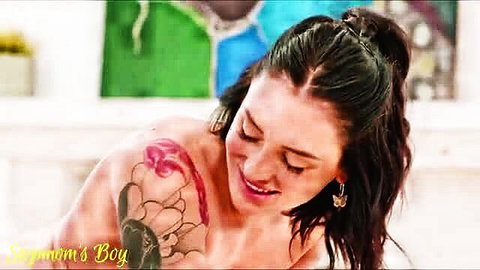 Pristine Edge tattooed brunette stepmom smiling topless
