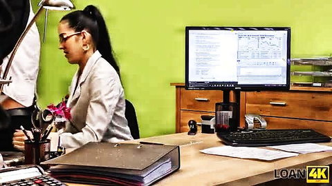 Latina office babe in glasses, ponytail, seduced by agent to save job