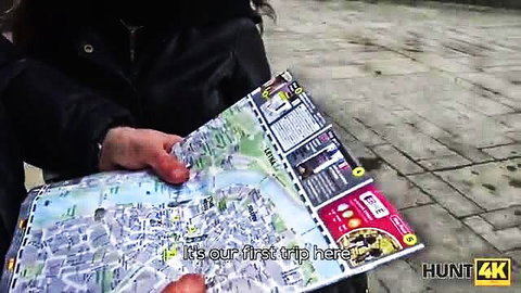 Pretty tourist chick in leather jacket holds map on first trip, Hunt4K cheating scene
