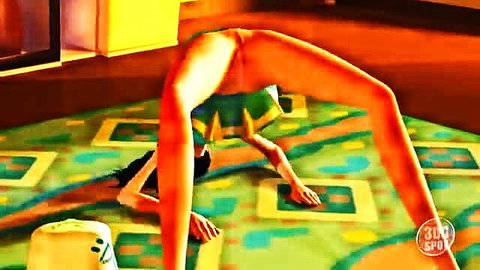 3D brunette contortionist flexible pose exposing pussy, cartoon porn