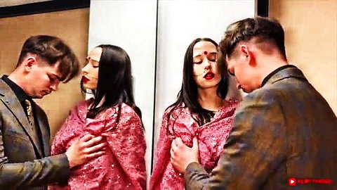 Indian beauty in red saree groped by man in mirror embrace, Heeramandi porn parody