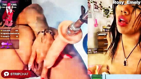 Rosy Emely brunette moans as fuck machine pounds her pussy near orgasm