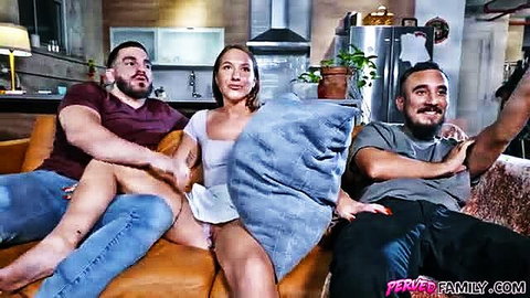 Violet Reign in short white dress with Peter Green & hunk on couch threesome