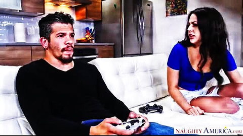 Whitney Wright in tight blue top & shorts teases gamer guy on couch