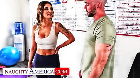 Busty blonde Kenzie Love in sports bra teases muscular married stud
