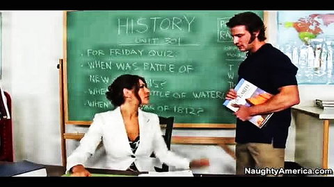 Raylene as busty teacher with student in class, My First Sex Teacher