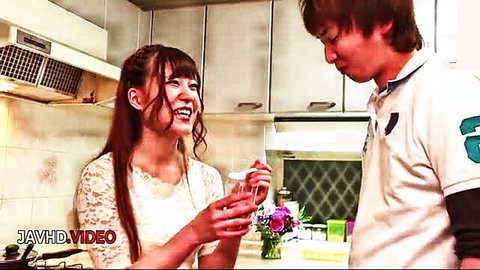Mai Ogino Japanese teen smiling in lace top JAV couple scene