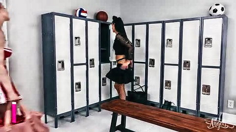 Hazel Moore Zariah Aura trans locker room tease fishnets skirt