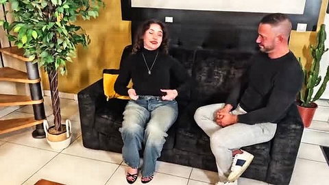 Moxxxie 22yo from Nantes sits with man on couch Jacquie Et Michel TV